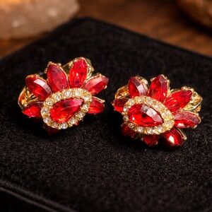 Vintage Anne Klein CLIP-ON Red Crystal Earrings | Gold Tone Floral